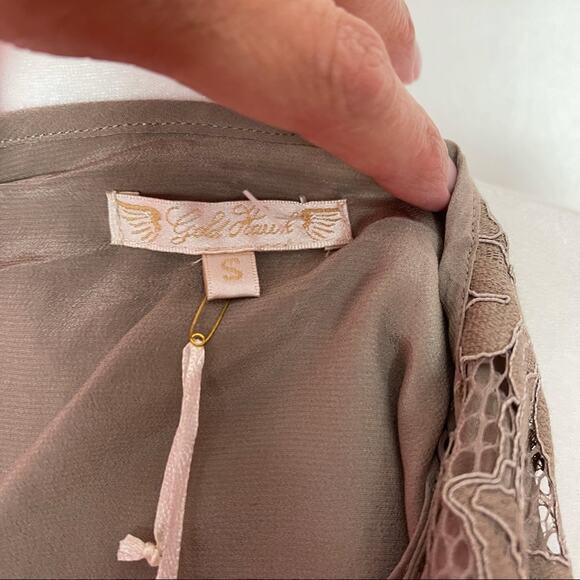 Gold Hawk Slip Dress Silk Taupe Spaghetti Straps Lace Ruffle Hem Pockets S NEW - Picture 4 of 8